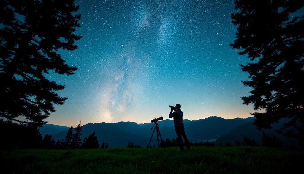 A serene night sky in the Val di Sole valley, the Milky Way's celestial tapestry unfurling above. Silhouetted pine trees frame the scene, casting long shadows on the dewy grass below. A lone stargazer, telescope in hand, gazes upwards, captivated by the twinkling celestial display. Warm ambient lighting illuminates the foreground, creating a cozy, inviting atmosphere. The composition emphasizes the vastness of the cosmos and the intimate connection between the observer and the wonders of the night sky. This picturesque vista captures the essence of stargazing in the magical Val di Sole, a haven for those seeking to immerse themselves in the beauty of the starry heavens.