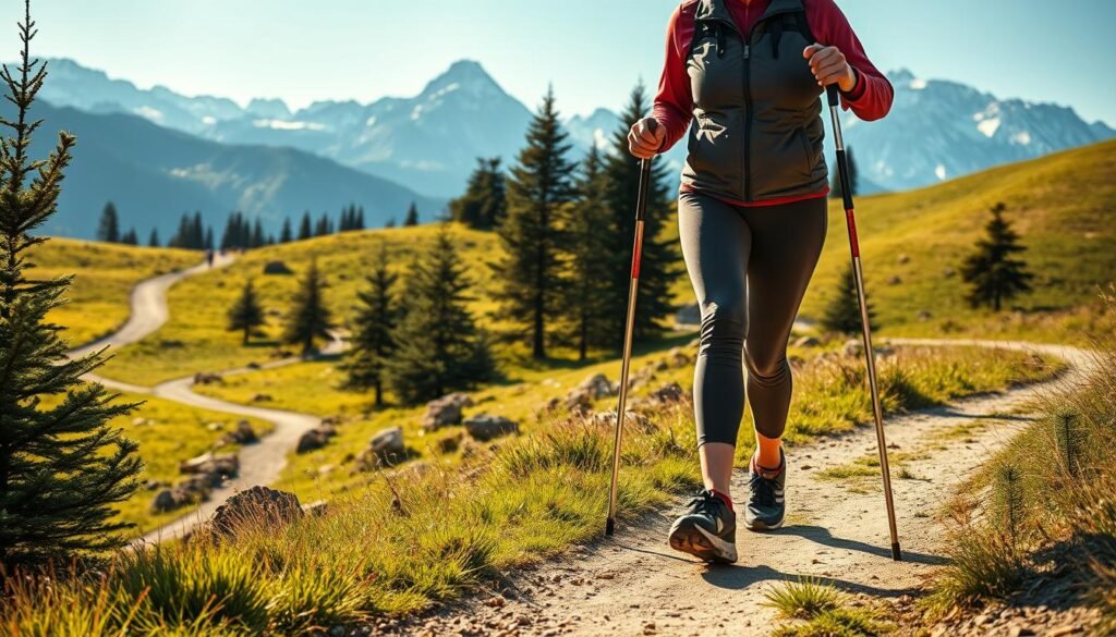 A serene outdoor scene with a person engaged in the graceful activity of nordic walking through a picturesque landscape. The foreground features a middle-aged individual in activewear, their poles firmly planted as they stride purposefully across a winding dirt trail. The middle ground showcases lush, rolling hills dotted with evergreen trees, while the background is framed by majestic snow-capped peaks characteristic of the Trentino region. Warm natural lighting bathes the scene, creating a sense of tranquility and rejuvenation. The composition emphasizes the harmony between the walker and the breathtaking alpine environment, capturing the essence of nordic walking in this idyllic Italian setting.
