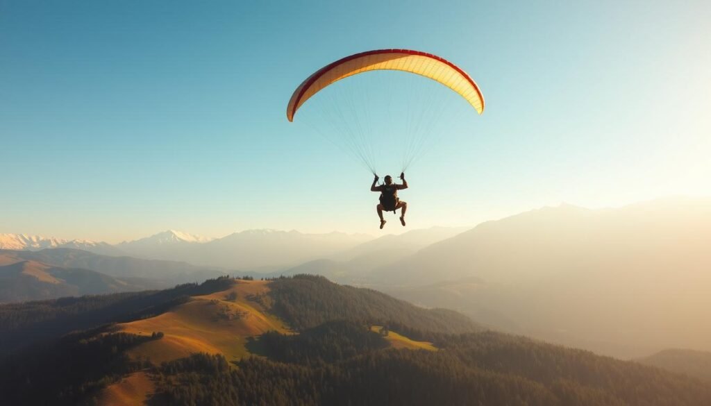 A serene paragliding scene unfolds in the Trentino region, captured with cinematic clarity. Rolling hills, lush forests, and snow-capped peaks frame the graceful silhouette of a pilot soaring effortlessly, their parachute billowing in the gentle breeze. The scene exudes a sense of tranquility and control, with the pilot navigating the skies with confidence and expertise. Warm, diffused lighting casts a golden glow, conveying the thrill and exhilaration of this adrenaline-fueled adventure. The image serves as a testament to the professionalism and safety standards that define the Trentino paragliding experience.