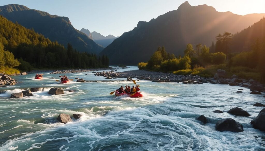 A serene river snakes through a lush, verdant valley, its waters rushing and cascading over rocky rapids. Rugged, tree-clad mountains rise in the distance, their peaks reaching towards the azure sky. In the foreground, a group of adventurous rafters navigate the churning currents, their oars cutting through the waves with precision and skill. The scene is illuminated by warm, golden sunlight, casting a soft, ethereal glow across the entire landscape. The atmosphere is one of exhilaration and tranquility, a perfect blend of adrenaline-fueled adventure and breathtaking natural beauty.