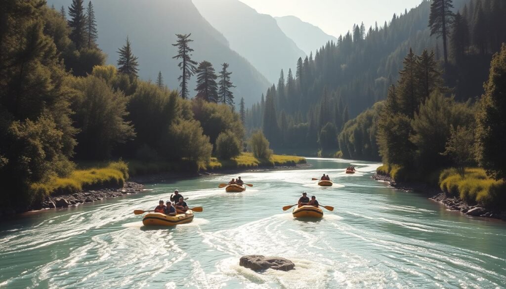A serene river winding through a lush, verdant valley, surrounded by towering mountains. Rafters navigate the gentle yet thrilling rapids, their vibrant yellow rafts gliding effortlessly across the crystal-clear waters of the Fiume Noce. Sunlight dances on the surface, casting a warm glow over the picturesque scene. In the distance, tall pine trees sway in the breeze, creating a tranquil, natural backdrop. The image captures the essence of adventure and the breathtaking beauty of this Italian haven for whitewater rafting in the heart of the Trentino region.
