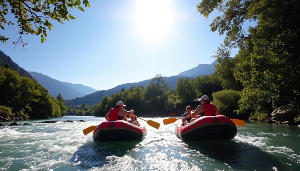 A serene river winds through lush, verdant landscapes, its crystal-clear waters inviting adventurous souls to embark on a thrilling rafting experience. The Fiume Noce, nestled in the picturesque Trentino region of Italy, offers a perfect balance of excitement and tranquility. Capture the essence of this adrenaline-fueled adventure, with rafters expertly navigating the rushing currents, their paddles cutting through the water as they tackle the rapids. Sunlight filters through the surrounding foliage, casting a warm glow on the scene and accentuating the natural beauty of the environment. Convey the exhilaration and the serenity of this unique seasonal experience, where the changing water levels and weather conditions create an ever-evolving backdrop for an unforgettable adventure.