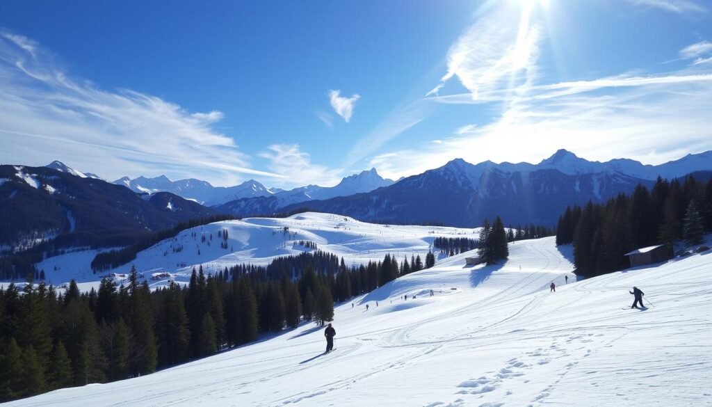 A serene snow-covered landscape in the Italian Alps, with gentle slopes perfect for beginner skiers. Sunlight filters through wispy clouds, casting a warm glow over the pristine, groomed pistes. In the foreground, a winding trail leads through lush pine forests, inviting exploration. The middle ground features wide, well-marked runs, dotted with skiers of varying skills gracefully carving turns. In the background, majestic peaks rise, their jagged edges contrasted against the azure sky. The overall atmosphere exudes a sense of tranquility and adventure, perfectly capturing the essence of "La Val di Sole: Paradiso per Sciatori Alle Prime Armi".