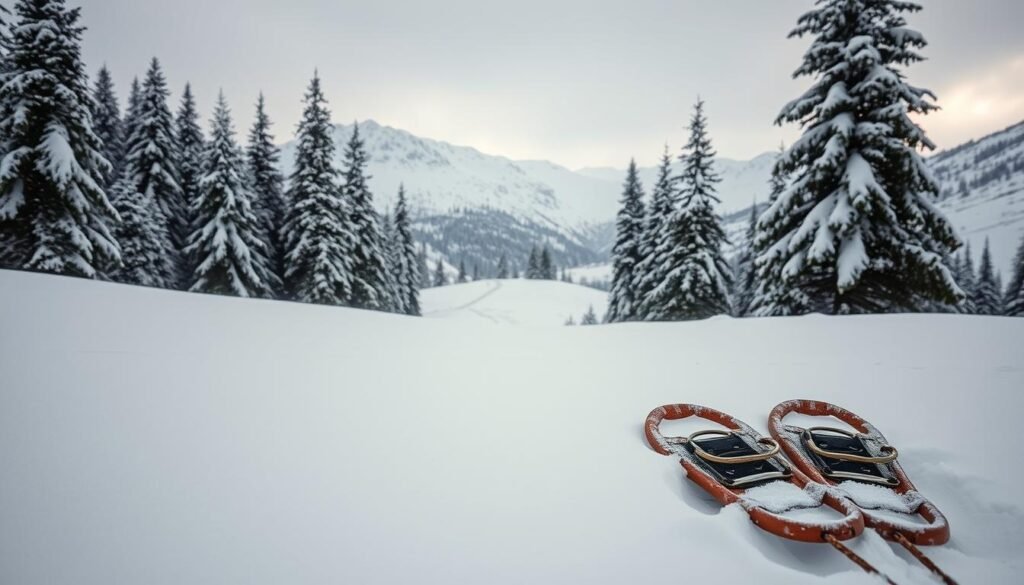 A serene snowy landscape in the Italian Alps, the Val di Sole valley. In the foreground, a pair of ciaspole (snowshoes) resting on the pristine white blanket, evoking a bygone era of winter exploration. The middle ground reveals a trail winding through the snow-capped fir trees, inviting the viewer to embark on a tranquil hike. In the distance, majestic snow-dusted peaks rise against a softly lit, overcast sky, creating a sense of quiet contemplation. Muted earth tones and muted lighting imbue the scene with a nostalgic, timeless quality, capturing the essence of an authentic Italian mountain experience.