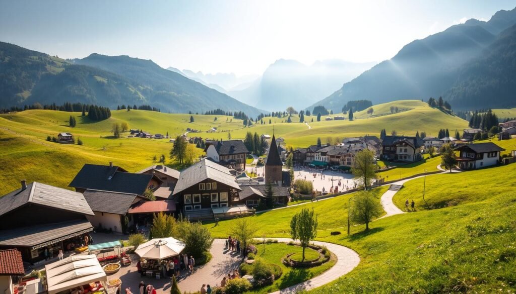 A serene, sun-drenched landscape in the heart of the Val di Sole, Italy. Rolling hills and lush meadows frame a charming village with traditional alpine architecture. In the foreground, a bustling summer market showcases the vibrant local produce and handicrafts, while meandering pathways invite exploration. The middle ground features a picturesque town square, surrounded by quaint eateries and lively gatherings. In the distance, the majestic Dolomite peaks rise, casting a warm glow over the scene. Soft, natural lighting highlights the rustic yet inviting atmosphere, creating a sense of tranquility and authentic Italian charm.