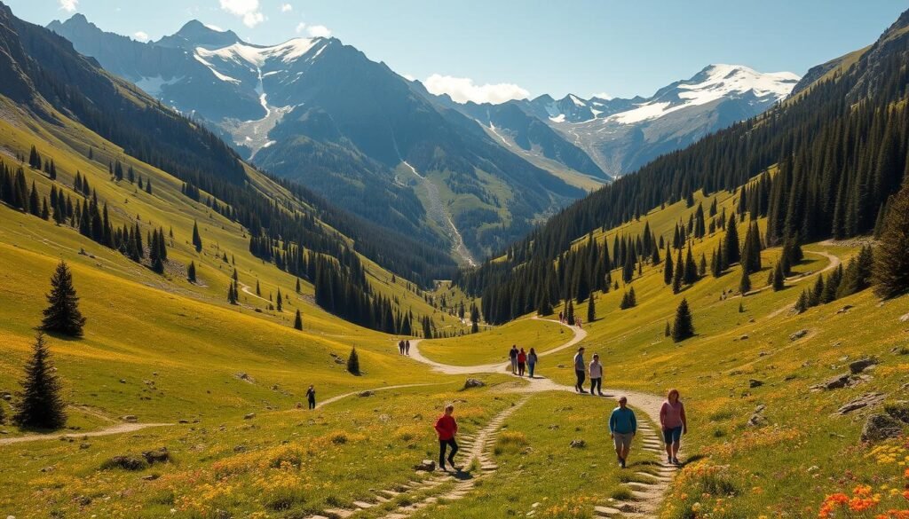 A serene valley with gentle slopes, dotted with lush meadows and sun-dappled forests. Families stroll along well-maintained trails, children's laughter echoing through the crisp mountain air. Towering peaks frame the scene, their snow-capped summits glinting in the warm, golden light. Wildflowers sway in the breeze, creating a tapestry of vibrant hues. A picturesque, accessible landscape that invites exploration and relaxation, perfect for both young and old.