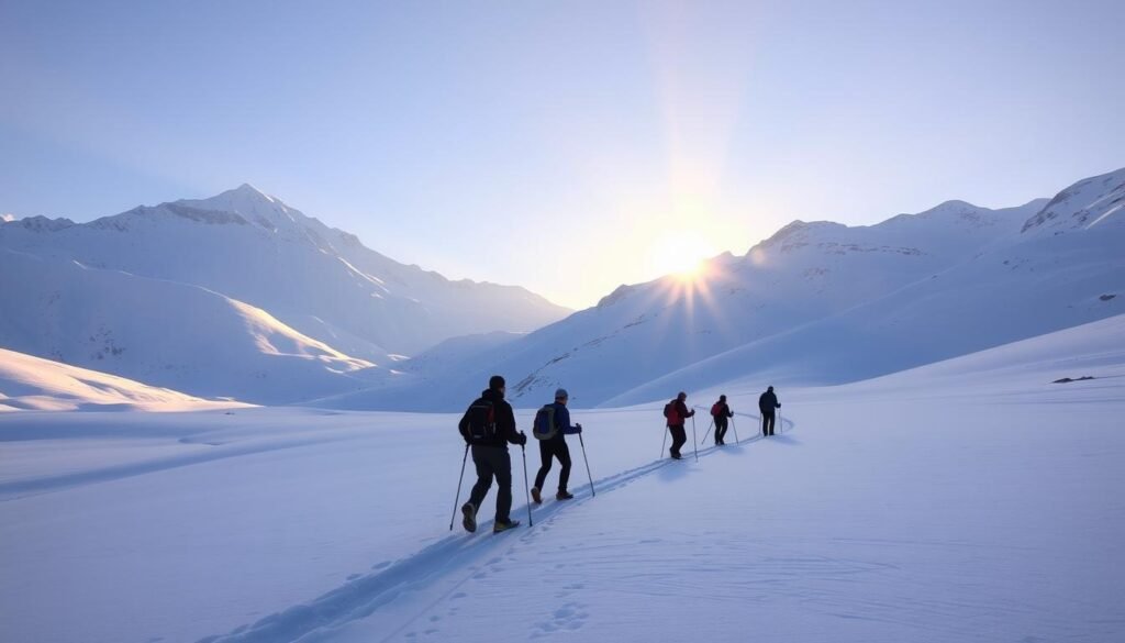 A serene winter landscape in the heart of Val di Sole, northern Italy. Snowcapped peaks rise majestically in the background, their slopes blanketed in pristine white. In the foreground, a group of hikers traverse the powdery snow, their snowshoes gripping the surface as they explore the picturesque terrain. Shafts of golden sunlight filter through the crisp, clear air, casting a warm glow over the scene. The tranquil atmosphere and breathtaking natural beauty make this the perfect setting for a memorable snowshoeing adventure in the charming Val di Sole region.