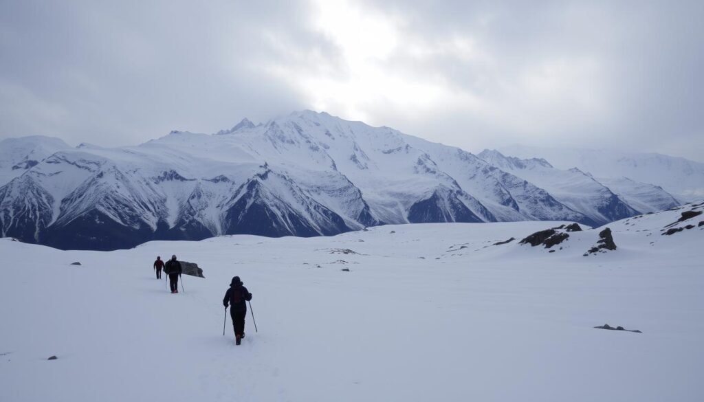 A snow-covered alpine landscape, with towering peaks and deep valleys. In the foreground, a group of hikers carefully navigating a treacherous snowy path, their snowshoes leaving a trail behind them. The sky is overcast, casting a moody, atmospheric light over the scene. The middle ground is dominated by a vast, undulating field of snow, interrupted by the occasional rocky outcrop. In the distance, a towering wall of snow-capped mountains rises up, their jagged peaks reaching towards the heavens. The overall mood is one of adventure and exploration, tempered by a sense of caution and respect for the power of nature.