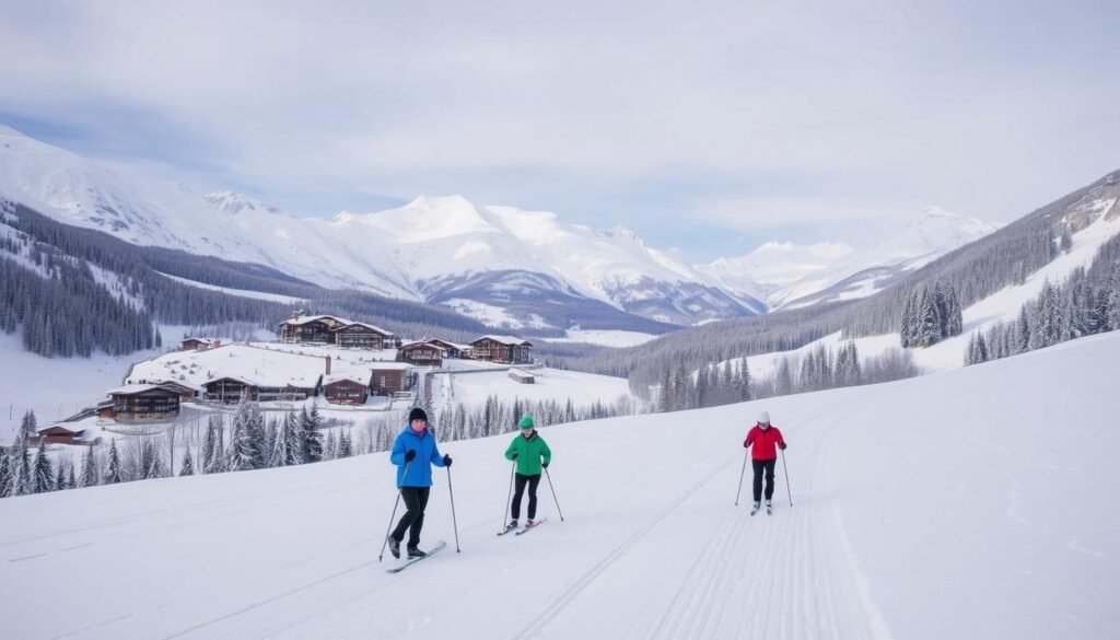 A sprawling winter landscape, with a groomed cross-country ski track winding through a picturesque alpine valley. In the foreground, skiers glide gracefully across the pristine, snow-covered terrain, their poles rhythmically pushing them forward. The middle ground features a traditional mountain village, its charming wooden chalets and quaint shops nestled between towering peaks. In the background, a stunning vista of snow-capped mountains rises majestically, their slopes blanketed in a pristine white mantle. The scene is bathed in a soft, diffused light, creating a serene and inviting atmosphere, perfectly capturing the essence of the cross-country skiing experience in the beautiful Val di Sole region.