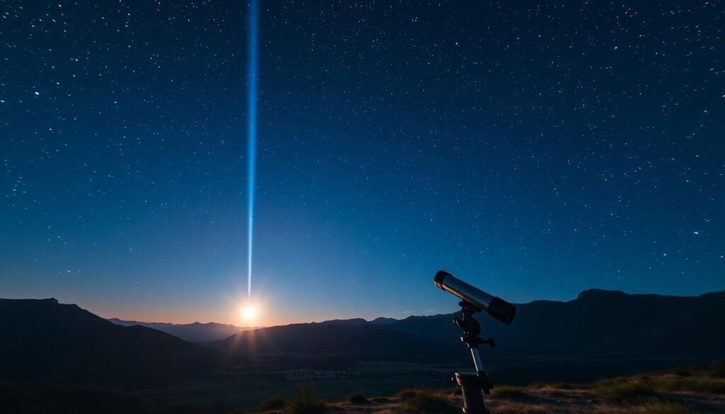 A starry night sky illuminated by a powerful laser beam, with a large telescope in the foreground capturing the celestial wonders. The landscape is a serene, mountainous valley, the soft glow of night casting long shadows across the terrain. The atmosphere is one of wonder and scientific exploration, with a sense of tranquility and awe at the marvels of the universe above. The image should convey the excitement and anticipation of stargazing in this idyllic setting, inspiring the viewer to venture out and experience the beauty of the night sky for themselves.