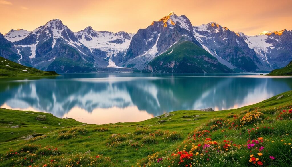 A stunning landscape of the Stelvio National Park, where towering peaks of snow-capped glaciers and rugged mountains dominate the scene. In the foreground, a serene alpine lake reflects the majestic peaks, its still waters creating a mirror-like surface. The middle ground is adorned with lush, verdant meadows dotted with vibrant wildflowers, inviting hikers to explore the trails. In the distance, towering cliffs and glaciers rise majestically, bathed in the warm glow of the sun. The atmosphere is one of tranquility and awe, capturing the essence of this breathtaking natural paradise.