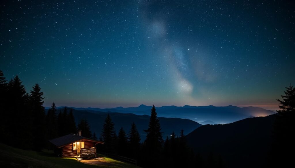 A stunning night sky over the picturesque Val di Sole valley, capturing the essence of stargazing in this idyllic Italian setting. In the foreground, a cozy mountain cabin nestled among fir trees, its warm glow inviting visitors to step outside and gaze upwards. The middle ground features rolling hills and distant peaks, their silhouettes framed by a tapestry of twinkling stars. Vibrant, yet calming colors and soft lighting create a serene, contemplative atmosphere, perfect for those seeking a peaceful stargazing experience. The composition highlights the serene, untouched nature of the Val di Sole, making it an ideal destination for amateur and experienced astronomers alike.