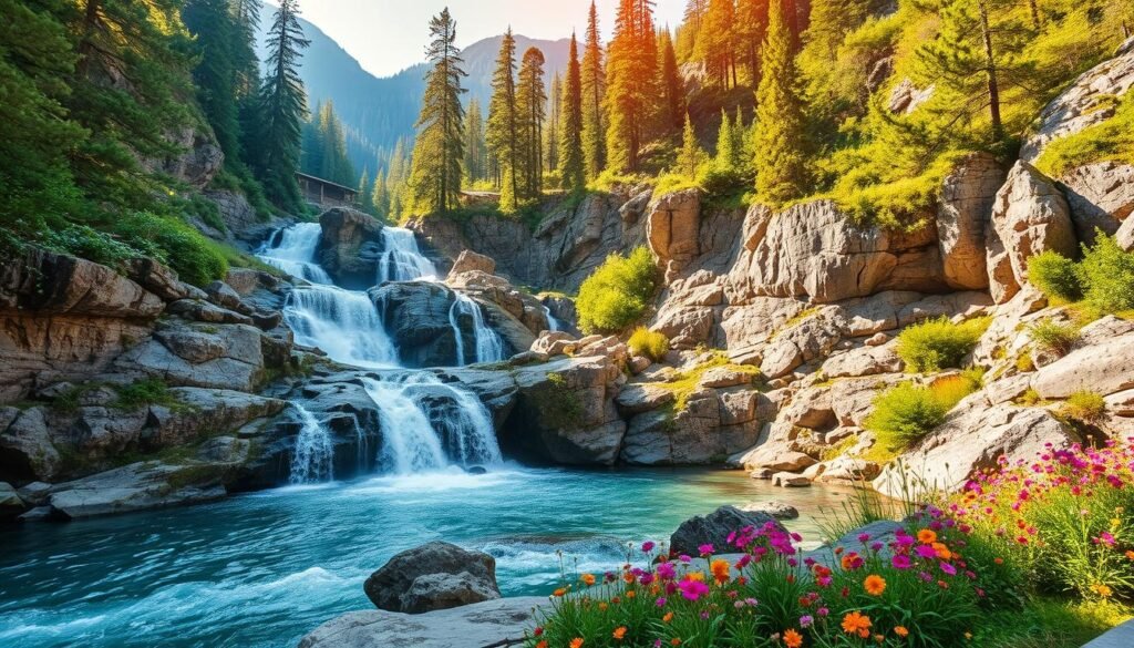 A stunning valley cascades through the picturesque mountains of Val di Sole, Italy. Crystal-clear waters tumble over rugged cliffs, creating a breathtaking display of natural power. Lush greenery frames the scene, with towering pines and vibrant wildflowers lining the banks. Warm, golden sunlight filters through the surrounding foliage, casting a serene glow across the cascading falls. The rhythmic flow of the water creates a soothing, meditative ambiance, inviting visitors to immerse themselves in the beauty of this captivating natural wonder. Capture the essence of this enchanting destination through a wide-angle lens, showcasing the grandeur of the cascades against the magnificent alpine backdrop.