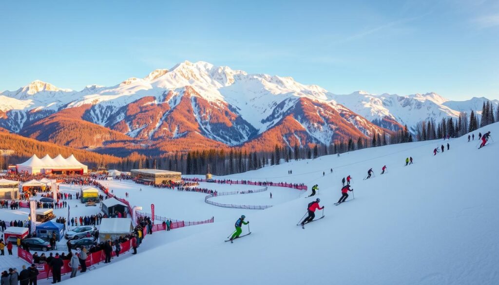 A stunning winter landscape in the Italian Alps, with the majestic peaks of Val di Sole towering in the background. In the foreground, a group of skiers gracefully navigating the powdery slopes, their movements captured in a dynamic, frozen moment. The scene is bathed in warm, golden light, casting a magical glow over the entire tableau. The middle ground features a bustling event venue, with spectators lining the edges, their excitement palpable. The overall atmosphere is one of energy, adventure, and the pure joy of winter sports, perfectly encapsulating the essence of the "Eventi Sci Val di Sole" event.
