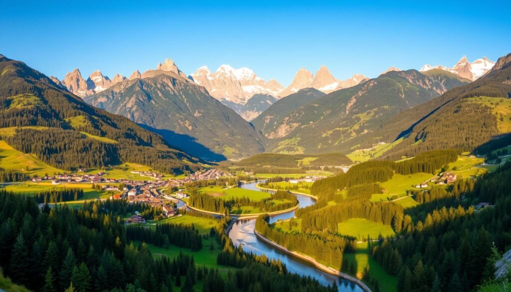 A sweeping panorama of the lush, verdant Val di Sole valley in the heart of the Trentino region. The majestic peaks of the Dolomites rise majestically in the background, their snow-capped summits glowing in the warm, golden light of the afternoon sun. In the foreground, a gently winding river meanders through the valley, its crystal-clear waters reflecting the vibrant greens of the surrounding forests and meadows. Scattered throughout the landscape are charming villages and farmhouses, their traditional alpine architecture blending seamlessly with the natural beauty of the environment. The scene exudes a sense of tranquility and serenity, inviting the viewer to immerse themselves in the timeless beauty of this alpine paradise.