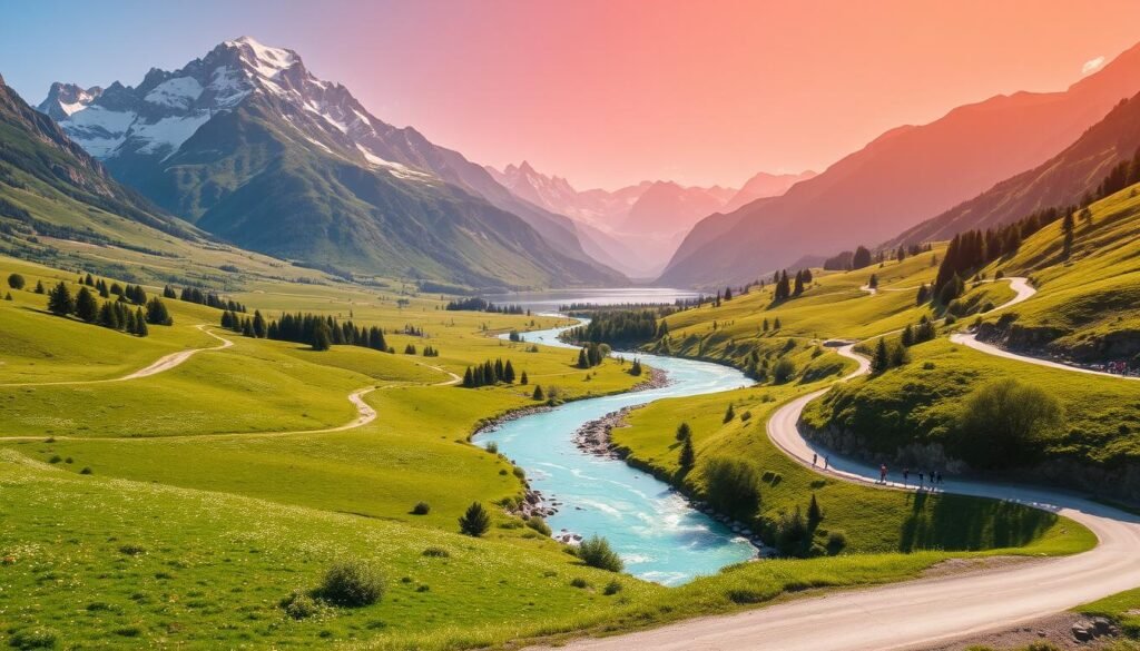 A sweeping vista of the Val di Sole, nestled amidst the majestic Dolomite peaks. Lush meadows dotted with wildflowers stretch out before us, framed by the towering, snow-capped mountains in the distance. A crystal-clear river winds its way through the valley, its turquoise waters reflecting the azure sky above. The scene is bathed in warm, golden light, creating a serene and inviting atmosphere perfect for a wide range of summer sports and outdoor activities. Hikers traverse winding trails, while cyclists race along the smooth, winding roads. This is a true haven for those seeking to immerse themselves in the natural beauty of Italy's summer splendor.