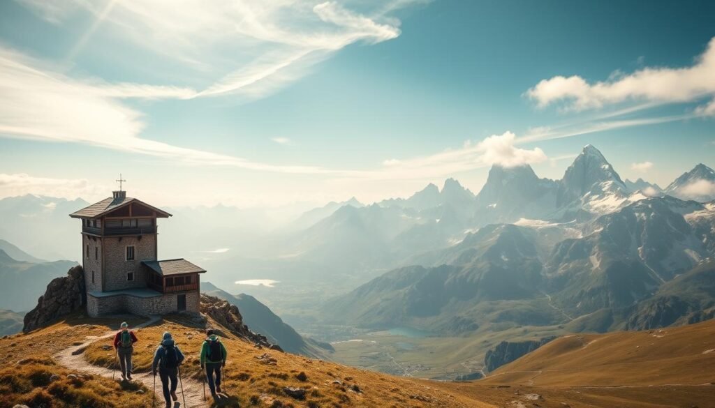 A towering mountain refuge nestled amidst the rugged, snow-capped peaks of the Italian Alps. The structure is constructed from weathered stone and timber, blending seamlessly with the majestic landscape. Hikers in the foreground ascend a winding trail, their packs and hiking gear adding a sense of adventure. The mid-ground reveals a panoramic vista of rolling green hills, serene alpine lakes, and the towering, jagged summits beyond. Soft, diffused natural light filters through wispy clouds, casting a warm, ethereal glow over the scene. The overall mood is one of tranquility, solitude, and the awe-inspiring beauty of the high mountain environment. A towering mountain refuge nestled amidst the rugged, snow-capped peaks of the Italian Alps. The structure is constructed from weathered stone and timber, blending seamlessly with the majestic landscape. Hikers in the foreground ascend a winding trail, their packs and hiking gear adding a sense of adventure. The mid-ground reveals a panoramic vista of rolling green hills, serene alpine lakes, and the towering, jagged summits beyond. Soft, diffused natural light filters through wispy clouds, casting a warm, ethereal glow over the scene. The overall mood is one of tranquility, solitude, and the awe-inspiring beauty of the high mountain environment.