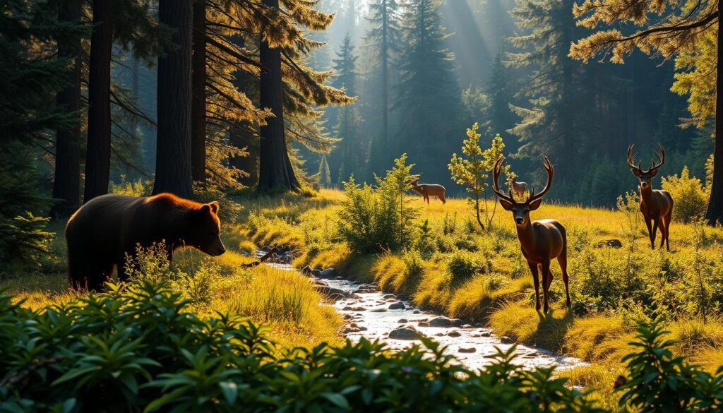 A tranquil forest glade bathed in soft, golden sunlight, teeming with majestic wild animals. A curious brown bear rummages through the undergrowth, its powerful frame silhouetted against the verdant foliage. Nearby, a graceful roe deer pauses to drink from a crystal-clear stream, its head held high in alert vigilance. In the distance, a magnificent stag with an impressive rack of antlers emerges from the shadowy tree line, surveying the scene with regal poise. The air is thick with the scent of pine and wildflowers, and the symphony of birdsong and the gentle rustling of leaves creates a serene, tranquil atmosphere. Capture the essence of this untamed wilderness, where nature reigns supreme. A tranquil forest glade bathed in soft, golden sunlight, teeming with majestic wild animals. A curious brown bear rummages through the undergrowth, its powerful frame silhouetted against the verdant foliage. Nearby, a graceful roe deer pauses to drink from a crystal-clear stream, its head held high in alert vigilance. In the distance, a magnificent stag with an impressive rack of antlers emerges from the shadowy tree line, surveying the scene with regal poise. The air is thick with the scent of pine and wildflowers, and the symphony of birdsong and the gentle rustling of leaves creates a serene, tranquil atmosphere. Capture the essence of this untamed wilderness, where nature reigns supreme.