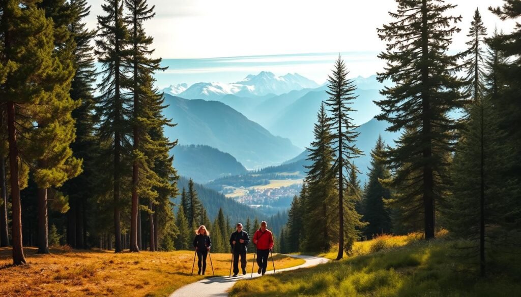A tranquil mountain landscape in the Italian Alps, with a winding path snaking through a lush forest of towering pine trees. The soft, diffused light filters through the canopy, casting a warm, golden glow over the scene. In the foreground, a group of Nordic walkers stride confidently, their poles pushing them forward as they enjoy the serene surroundings. The middle ground reveals a picturesque village nestled in the valley below, its traditional alpine architecture blending seamlessly with the natural environment. In the distance, majestic snow-capped peaks rise up against a clear, azure sky, creating a breathtaking panorama. The overall atmosphere is one of calm, rejuvenation, and a deep connection with the natural world.