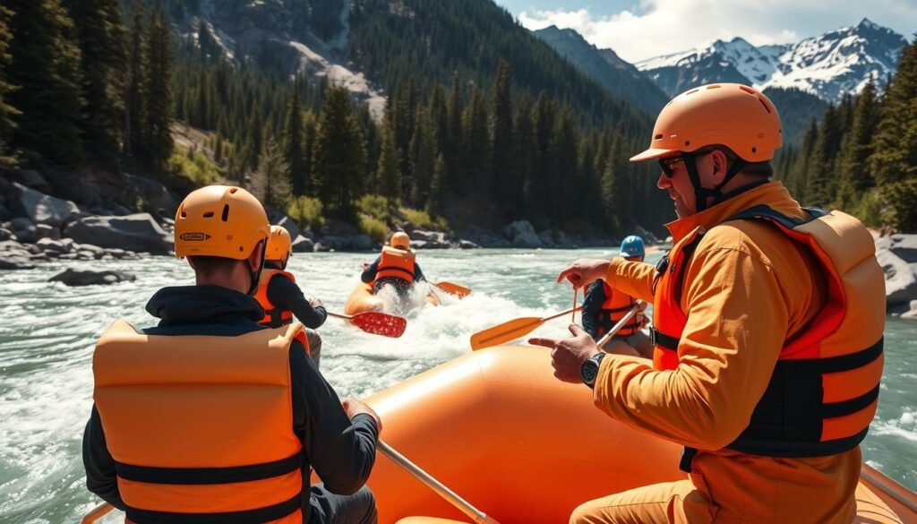 A tranquil river winding through rugged alpine terrain, as experienced rafters skillfully navigate the rapids, clad in vibrant orange life jackets and helmets. The sun casts a warm glow, illuminating the spray as paddles slice through the churning water. In the foreground, a seasoned guide briefs the group, pointing out key safety features of the professional-grade equipment. The backdrop features lush evergreen forests and towering snow-capped peaks, conveying the majestic setting of this thrilling, yet carefully orchestrated, aquatic adventure.
