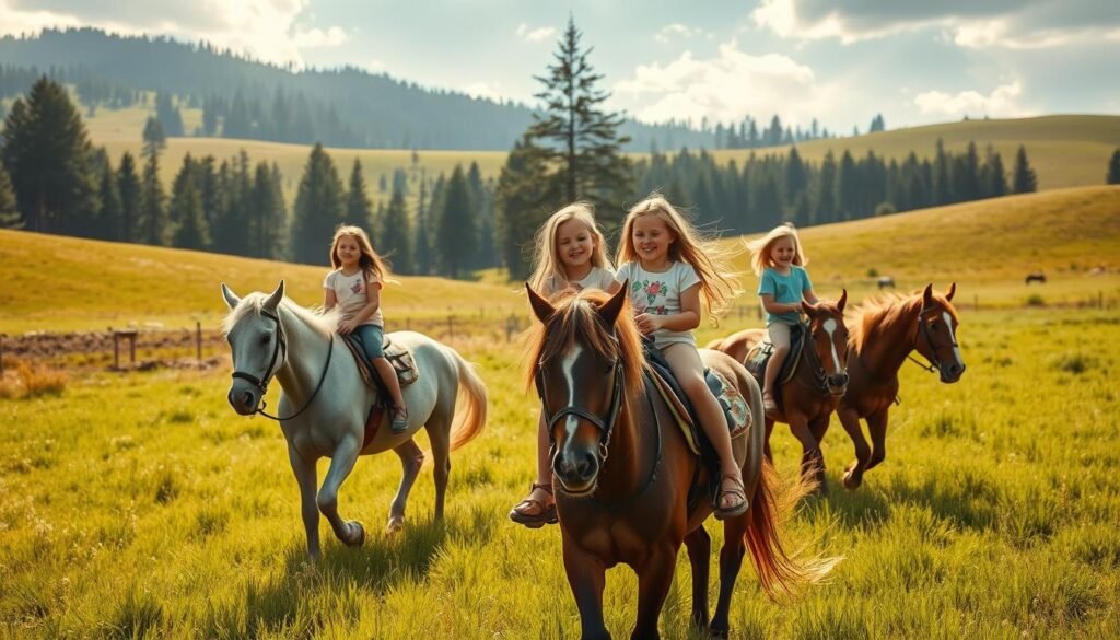 A tranquil scene of young children riding gentle horses through a lush, verdant meadow. The horses, with their flowing manes and calm demeanors, guide the eager young riders, their faces beaming with excitement. Soft, golden sunlight filters through wispy clouds, casting a warm glow over the idyllic pastoral setting. In the background, rolling hills and a towering pine forest create a serene, picturesque backdrop, perfectly complementing the wholesome, family-friendly atmosphere. The children's laughter and the horses' gentle whinnies fill the air, embodying the joy and wonder of this cherished outdoor activity. A tranquil scene of young children riding gentle horses through a lush, verdant meadow. The horses, with their flowing manes and calm demeanors, guide the eager young riders, their faces beaming with excitement. Soft, golden sunlight filters through wispy clouds, casting a warm glow over the idyllic pastoral setting. In the background, rolling hills and a towering pine forest create a serene, picturesque backdrop, perfectly complementing the wholesome, family-friendly atmosphere. The children's laughter and the horses' gentle whinnies fill the air, embodying the joy and wonder of this cherished outdoor activity.