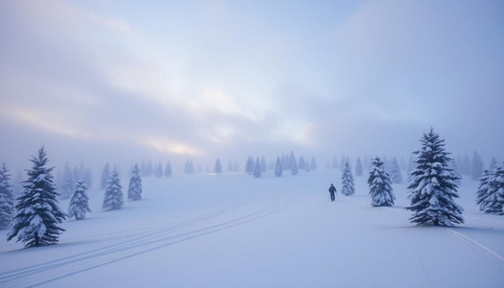 A tranquil, wide ski slope winds through a serene, snow-covered landscape. Gentle, groomed terrain is dotted with scattered pine trees, their branches heavy with fresh powder. The sky is a soft, hazy blue, with wispy clouds drifting overhead. The atmosphere is calm and inviting, perfect for beginner skiers to practice their turns and gain confidence on the mountain. Warm, diffused lighting casts a cozy glow over the scene, creating a welcoming and accessible environment for those new to the sport. The overall impression is one of simplicity, serenity, and the pure joy of gliding through a winter wonderland.