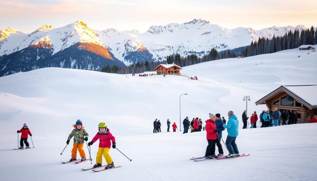 A vibrant alpine landscape, with a gently sloping hill blanketed in pristine white snow. In the foreground, a group of children bundled in colorful snowsuits glide effortlessly on skis, their laughter echoing through the crisp mountain air. In the middle ground, families gather around a cozy wooden chalet, sipping hot cocoa and watching their little ones play. The backdrop features majestic snow-capped peaks, bathed in warm golden light from the setting sun, creating a serene and inviting atmosphere. The scene captures the joy and wonder of family-friendly ski adventures in the picturesque Val di Sole.