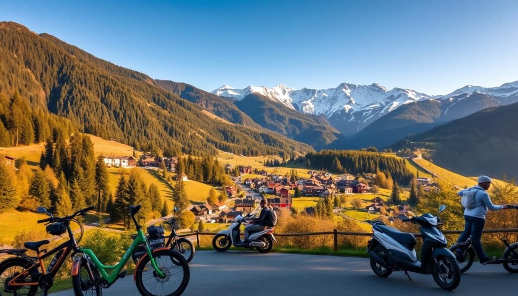 A vibrant mountainscape of the Val di Sole, showcasing sustainable mobility options against a backdrop of lush forests and snow-capped peaks. In the foreground, electric bikes and electric scooters wind through picturesque villages, while in the middle ground, a harmonious blend of hiking trails and bike paths connect the local attractions. The scene is bathed in warm, golden light, creating a serene and inviting atmosphere that encourages eco-friendly exploration of this stunning alpine region.