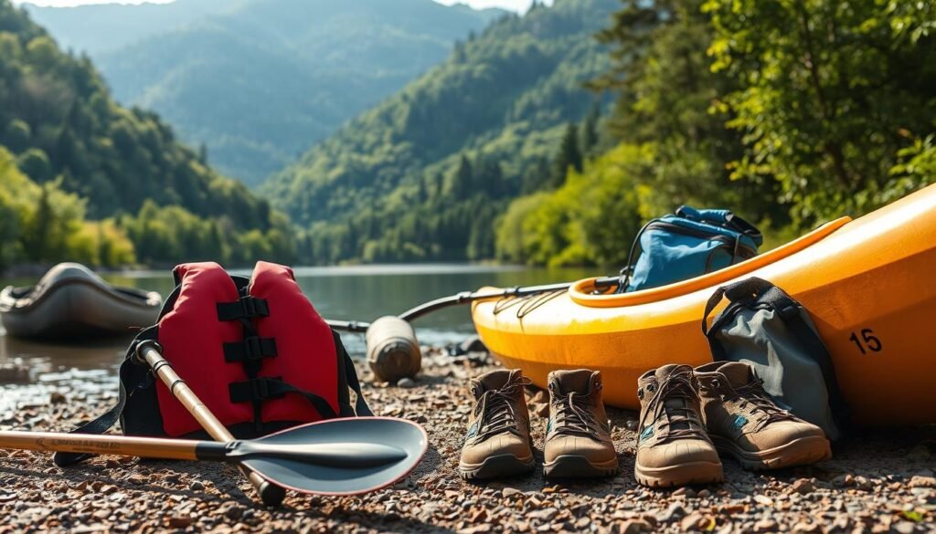 A vibrant scene of kayaking equipment neatly arranged on the banks of the Noce River. In the foreground, a life jacket, paddles, and a kayak sit ready for the upcoming adventure. The middle ground features a pair of well-worn river shoes and a waterproof bag, hinting at the necessary gear for the journey. In the background, the lush, verdant landscape of the Noce River valley provides a serene and picturesque backdrop, evoking a sense of tranquility and exploration. The lighting is soft and natural, creating a warm and inviting atmosphere that draws the viewer into the scene. This image perfectly captures the essential equipment needed for a safe and enjoyable kayaking experience on the Noce River.