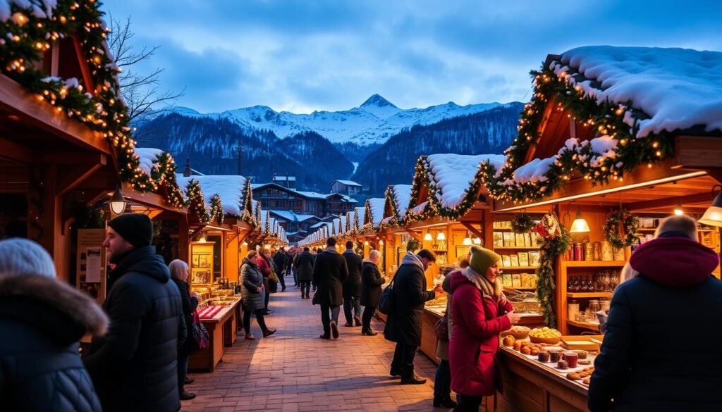 A vibrant winter marketplace, adorned with twinkling lights and festive decor, set against the breathtaking backdrop of snow-capped mountains. Rows of quaint wooden stalls showcase an array of local crafts, artisanal goods, and steaming cups of mulled wine. Warm-clad shoppers browse the offerings, their laughter and chatter filling the crisp air. A cozy, intimate atmosphere pervades the scene, inviting visitors to immerse themselves in the enchanting ambiance of the Mercatini Invernali, a cherished tradition during the ski season in Val di Sole.