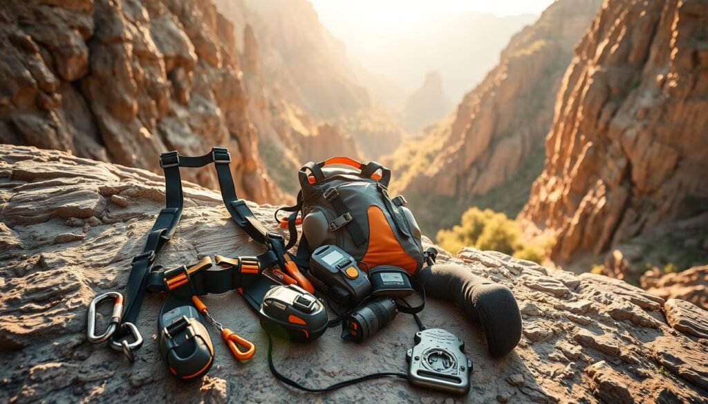 A well-equipped canyoning ensemble lays neatly arranged on a rugged rock surface, bathed in warm, diffused lighting. In the foreground, a sturdy climbing harness, carabiners, and a high-performance descending device stand ready for the adventurous journey ahead. In the middle ground, a durable, waterproof backpack and thick, abrasion-resistant neoprene wetsuit hint at the demanding nature of the canyoning environment. The background features a panoramic vista of towering, sun-dappled limestone cliffs, hinting at the spectacular natural setting that will be the backdrop for this thrilling expedition.