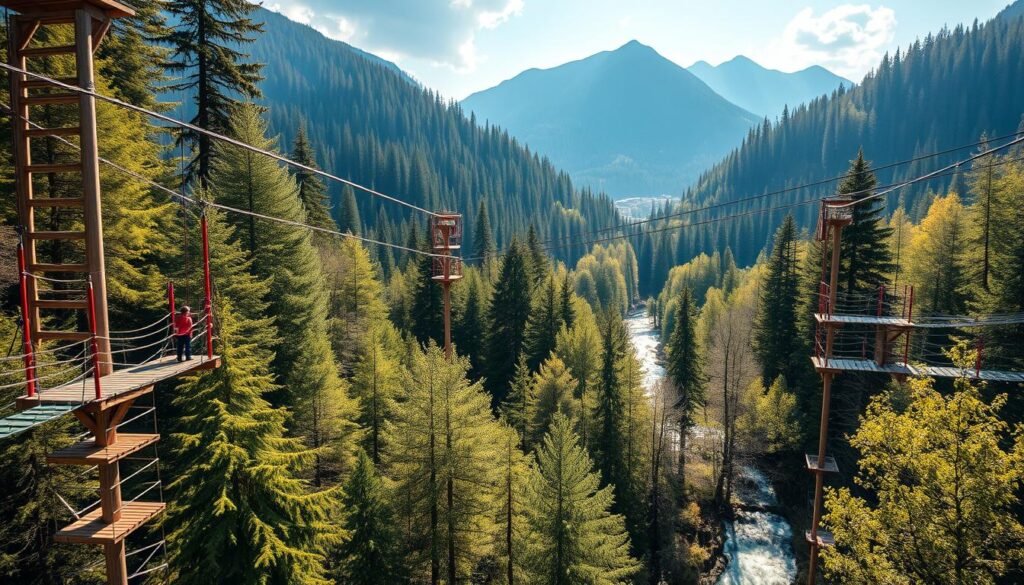 An adventure park in the heart of the Italian Alps, nestled amidst lush forests and rugged peaks. Adrenaline-fueled activities await, from soaring zip lines that offer breathtaking views, to heart-pumping aerial obstacle courses that challenge the senses. Brave the thrilling suspension bridges and teetering platforms, with the warm, golden sunlight filtering through the canopy above. In the distance, the gentle murmur of a rushing stream adds to the serene ambiance. This is a haven for outdoor enthusiasts, a place where families can bond over shared moments of exhilaration and wonder.