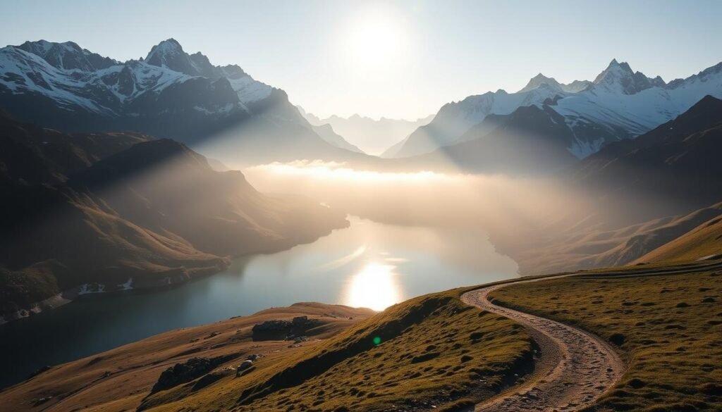 An expansive alpine vista at dawn, the Passo del Tonale framed by majestic snow-capped peaks. A serene lake reflects the first golden rays of sunlight, illuminating the rugged, jagged cliffs that rise up on all sides. A thin veil of mist clings to the distant slopes, lending an air of mystery and tranquility to the scene. In the foreground, a winding trail beckons, inviting the viewer to explore this pristine, untouched corner of the Italian Alps. The composition is balanced, with the dramatic mountains anchoring the background and the calming waters drawing the eye towards the center. The overall mood is one of awe-inspiring natural beauty, perfectly capturing the "Unique Experiences in Val di Sole" that await the intrepid explorer. An expansive alpine vista at dawn, the Passo del Tonale framed by majestic snow-capped peaks. A serene lake reflects the first golden rays of sunlight, illuminating the rugged, jagged cliffs that rise up on all sides. A thin veil of mist clings to the distant slopes, lending an air of mystery and tranquility to the scene. In the foreground, a winding trail beckons, inviting the viewer to explore this pristine, untouched corner of the Italian Alps. The composition is balanced, with the dramatic mountains anchoring the background and the calming waters drawing the eye towards the center. The overall mood is one of awe-inspiring natural beauty, perfectly capturing the "Unique Experiences in Val di Sole" that await the intrepid explorer.