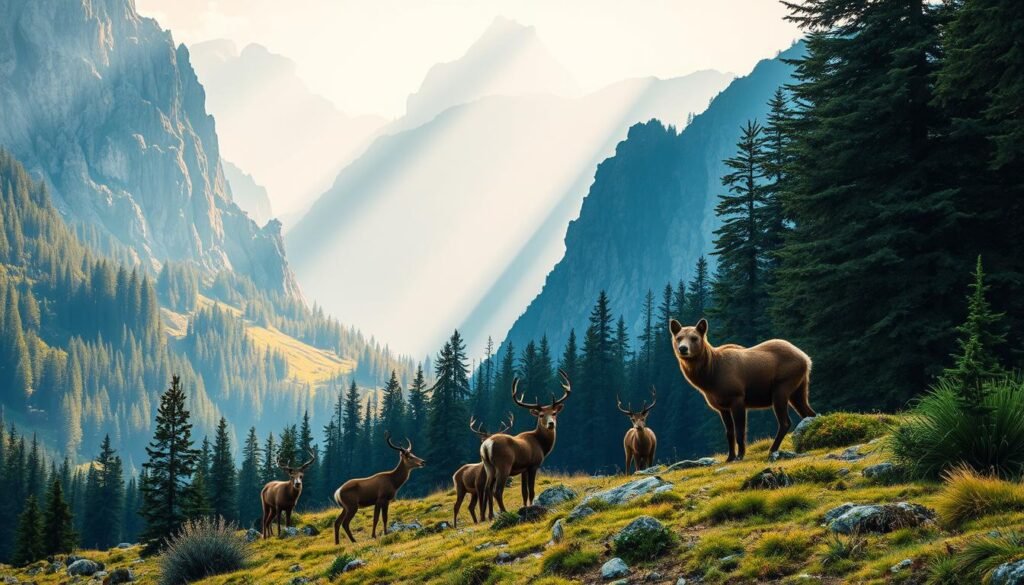 An untamed wilderness teeming with majestic alpine creatures in the heart of Trentino's rugged terrain. Towering peaks frame a mosaic of lush meadows and dense forests, home to elusive brown bears, nimble chamois, and graceful red deer. Shafts of golden light filter through the canopy, illuminating the vibrant colors of the region's diverse wildlife. Capture the essence of this natural sanctuary, where the boundaries between man and beast blur, and the primordial beauty of the Trentino wilderness is revealed in all its glory. An untamed wilderness teeming with majestic alpine creatures in the heart of Trentino's rugged terrain. Towering peaks frame a mosaic of lush meadows and dense forests, home to elusive brown bears, nimble chamois, and graceful red deer. Shafts of golden light filter through the canopy, illuminating the vibrant colors of the region's diverse wildlife. Capture the essence of this natural sanctuary, where the boundaries between man and beast blur, and the primordial beauty of the Trentino wilderness is revealed in all its glory.