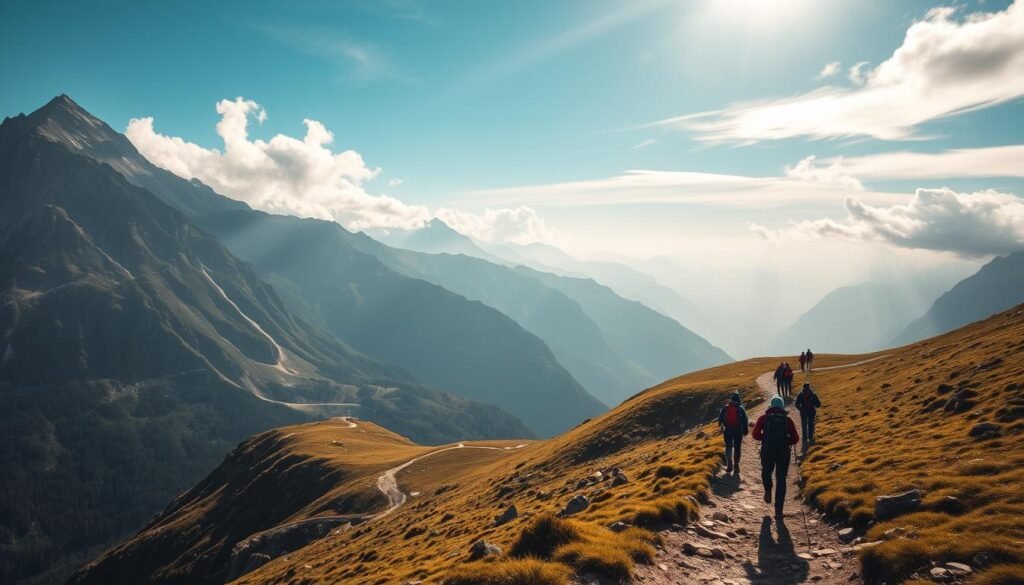 Expansive mountain landscape with towering peaks, rugged terrain, and a winding trail leading through lush alpine meadows. Hikers make their way up the path, backpacks on, taking in the breathtaking vistas. Soft, warm light filters through wispy clouds, casting a serene, peaceful atmosphere. The scene conveys a sense of adventure, exploration, and connection with the natural world. Utilize a wide-angle lens to capture the grandeur of the surroundings, with a focus on the active hikers in the foreground. Expansive mountain landscape with towering peaks, rugged terrain, and a winding trail leading through lush alpine meadows. Hikers make their way up the path, backpacks on, taking in the breathtaking vistas. Soft, warm light filters through wispy clouds, casting a serene, peaceful atmosphere. The scene conveys a sense of adventure, exploration, and connection with the natural world. Utilize a wide-angle lens to capture the grandeur of the surroundings, with a focus on the active hikers in the foreground.