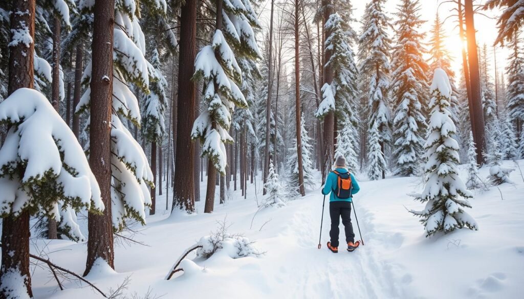 Genera un'immagine del Bosco degli Urogalli innevato durante una ciaspolata