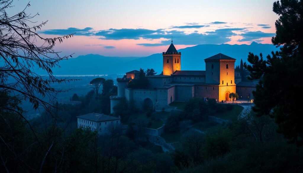 Genera un'immagine del Castello di San Michele all'alba