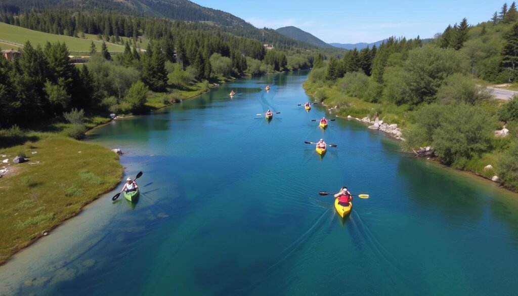 Genera un'immagine del Fiume Noce con kayakisti che navigano attraverso le sue acque cristalline.