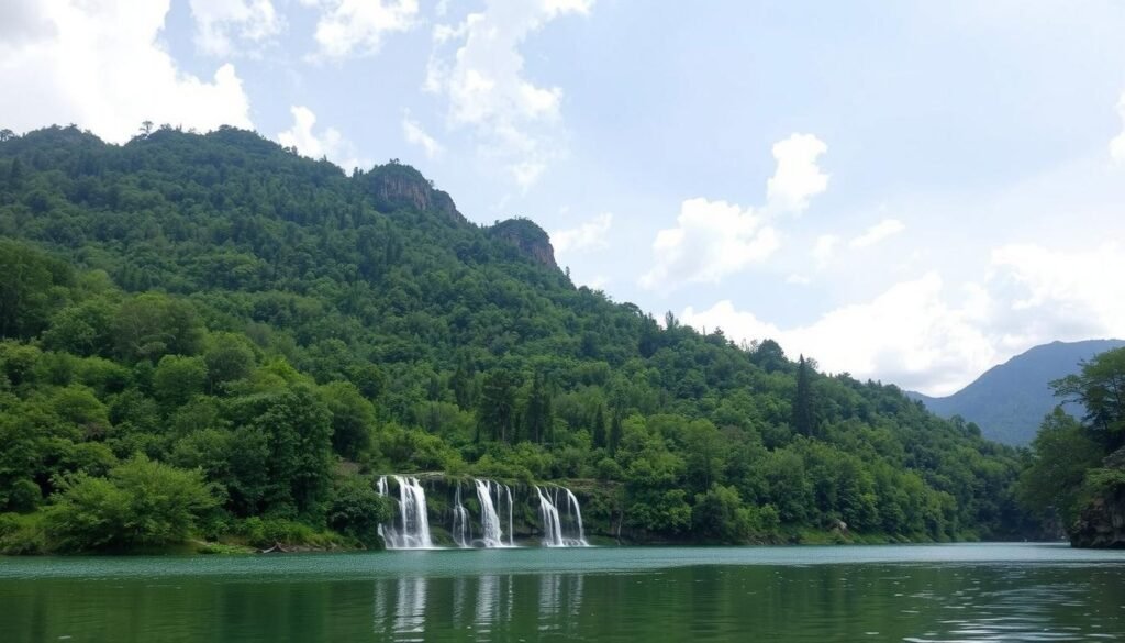 Genera un'immagine del Lago Covel con la cascata del Rio Vioz