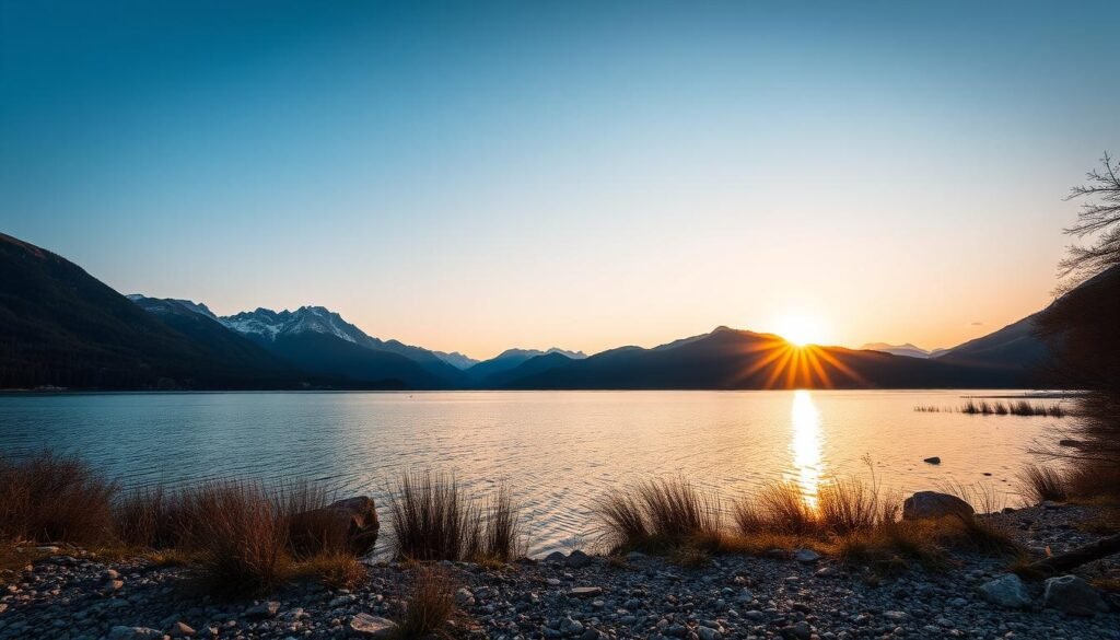 Genera un'immagine del Lago Nero al tramonto con le Dolomiti di Brenta sullo sfondo