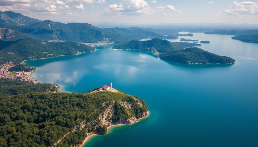 Genera un'immagine del Lago Pian Palù visto dall'alto con Malga Paludei