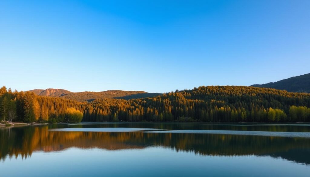 Genera un'immagine del Lago dei Caprioli circondato da boschi
