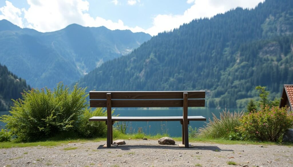 Genera un'immagine del Lago di Ledro con la panchina gigante
