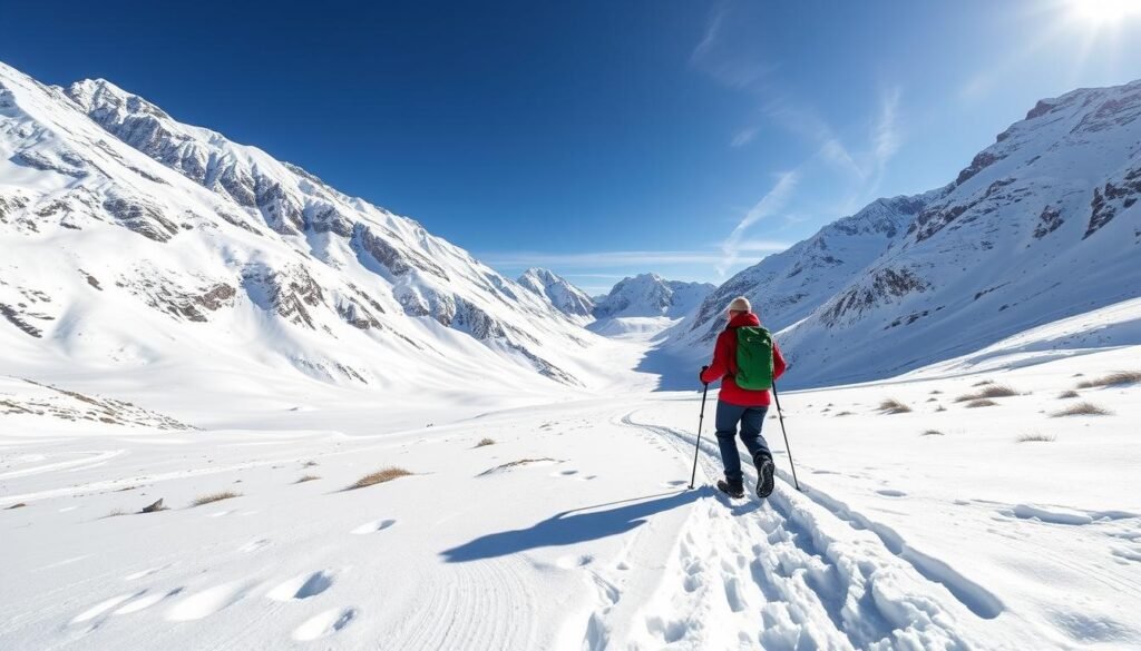 Genera un'immagine del Parco Nazionale dello Stelvio innevato con sentieri per ciaspole