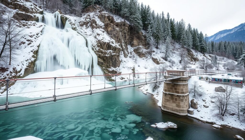 Genera un'immagine del Ponte Sospeso in Val di Rabbi durante l'inverno, con la cascata Ragaiolo ghiacciata sullo sfondo.