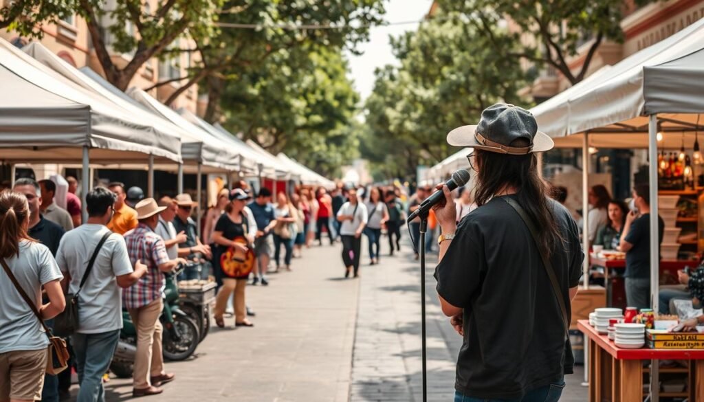 Genera un'immagine dell'Arcadia Street FestiVal di Sole con artisti di strada e stand gastronomici a Caldes.