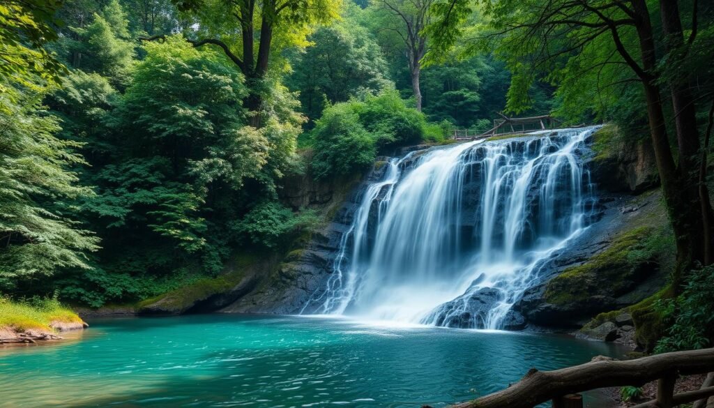 Genera un'immagine della Cascata di Valorz immersa nel bosco