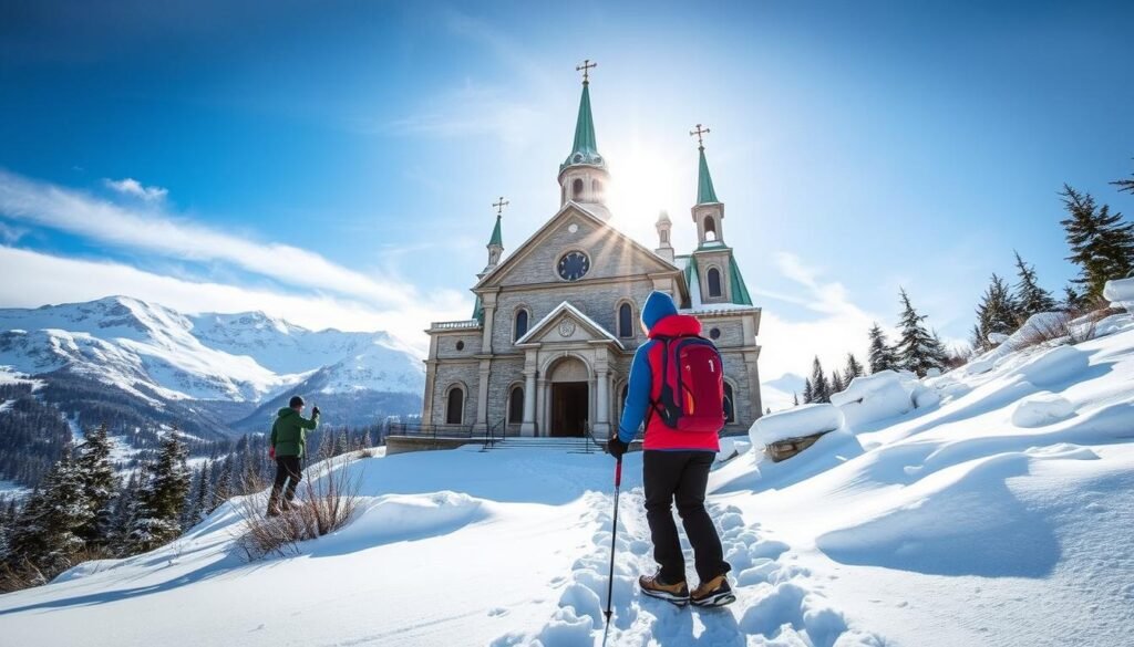 Genera un'immagine della Madonna delle Cime a Marilleva durante una ciaspolata invernale
