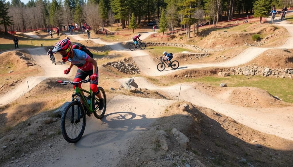 Genera un'immagine di un bike park con piste per mountain bike