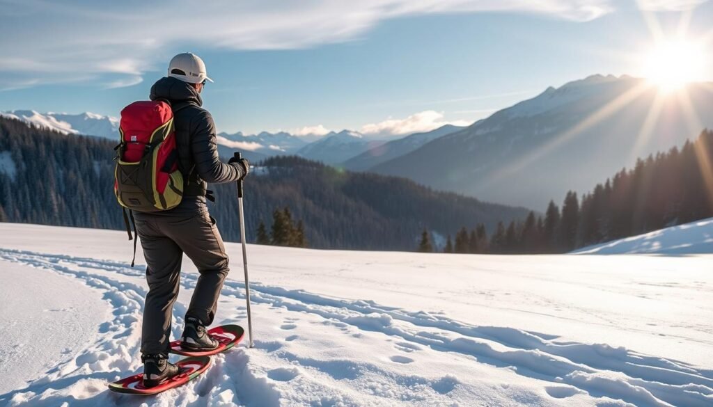 Genera un'immagine di un escursionista con le ciaspole in Val di Sole